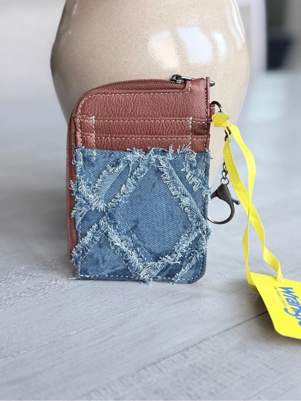 Wrangler Denim Patchwork Card Holder Wallet Keychain Coin Purse Brown Blue NWT